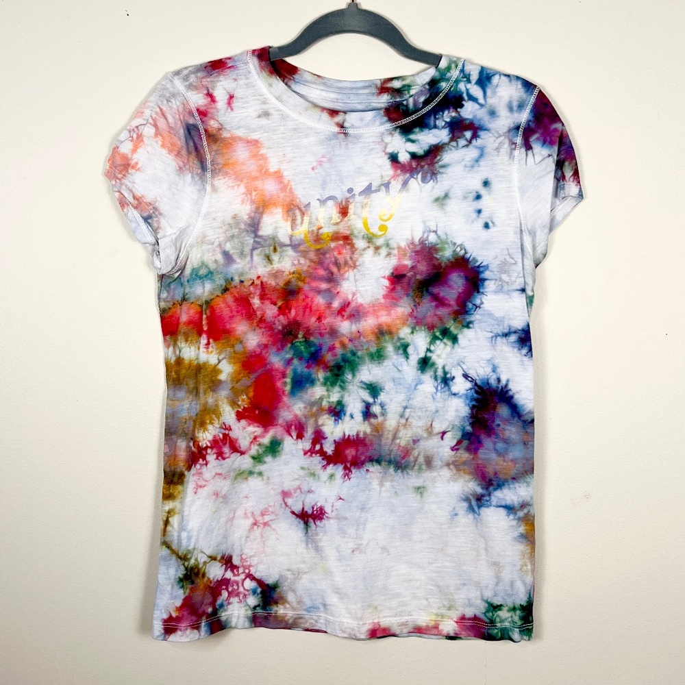 Ice dyed tie dyed upcycled “Unity” Universal Thread cotton T shirt
